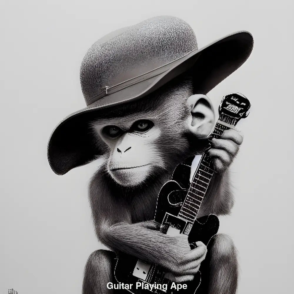Affe mit Hut, der Gitarre spielt vor neutralem Hintergrund – KI-generiertes, verspieltes Porträt
