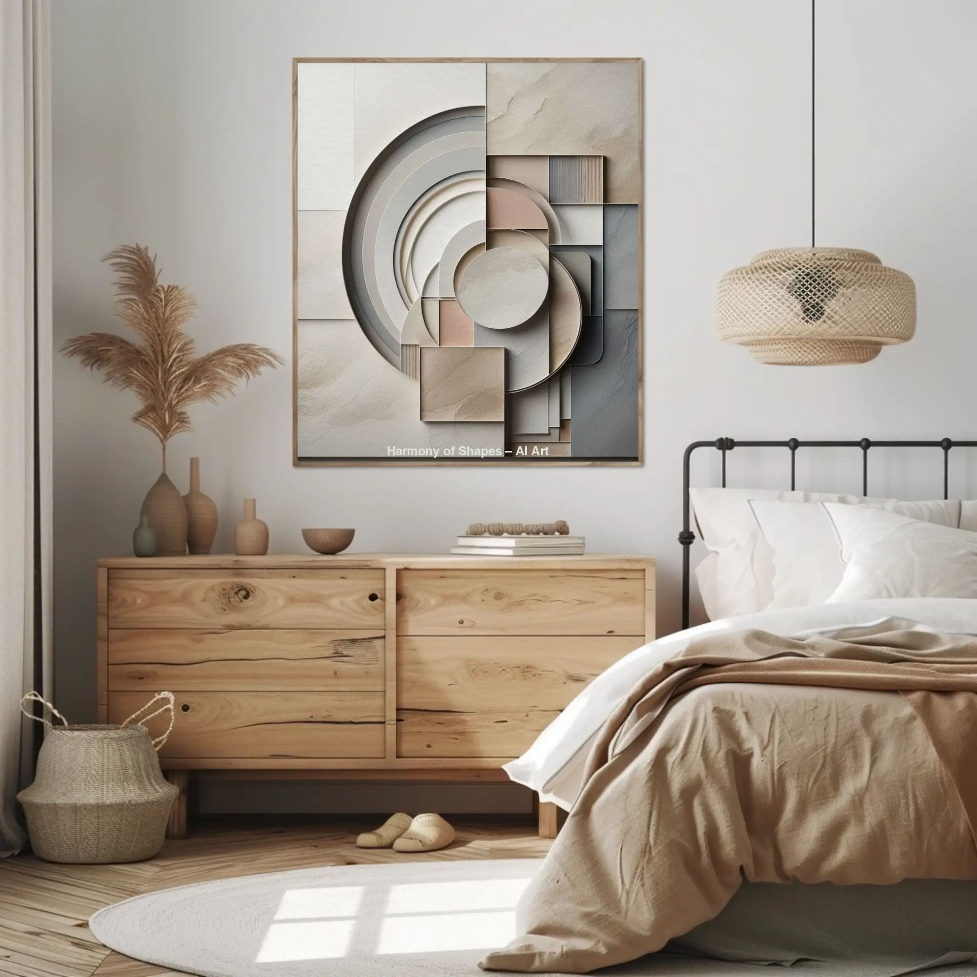 Harmony of Shapes Fine Art Print mit kreisförmigen und geometrischen Formen in Beige- und Grautönen über moderner Einrichtung.