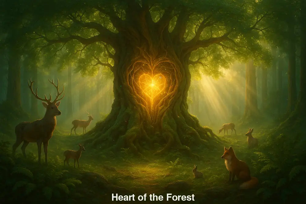 Leuchtendes Herz in einem alten Baum, umgeben von Waldtieren in goldener Lichtung – märchenhaftes, spirituelles KI-Kunstwerk.
