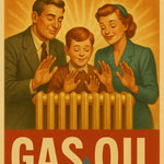 Familie aus Vater, Mutter und Sohn in 1950er-Kleidung am Heizkörper, Heizölwerbung im Retro-Stil.