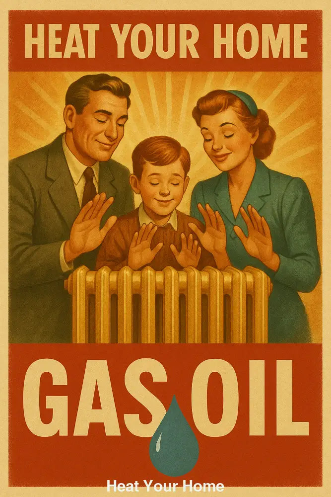 Familie aus Vater, Mutter und Sohn in 1950er-Kleidung am Heizkörper, Heizölwerbung im Retro-Stil.