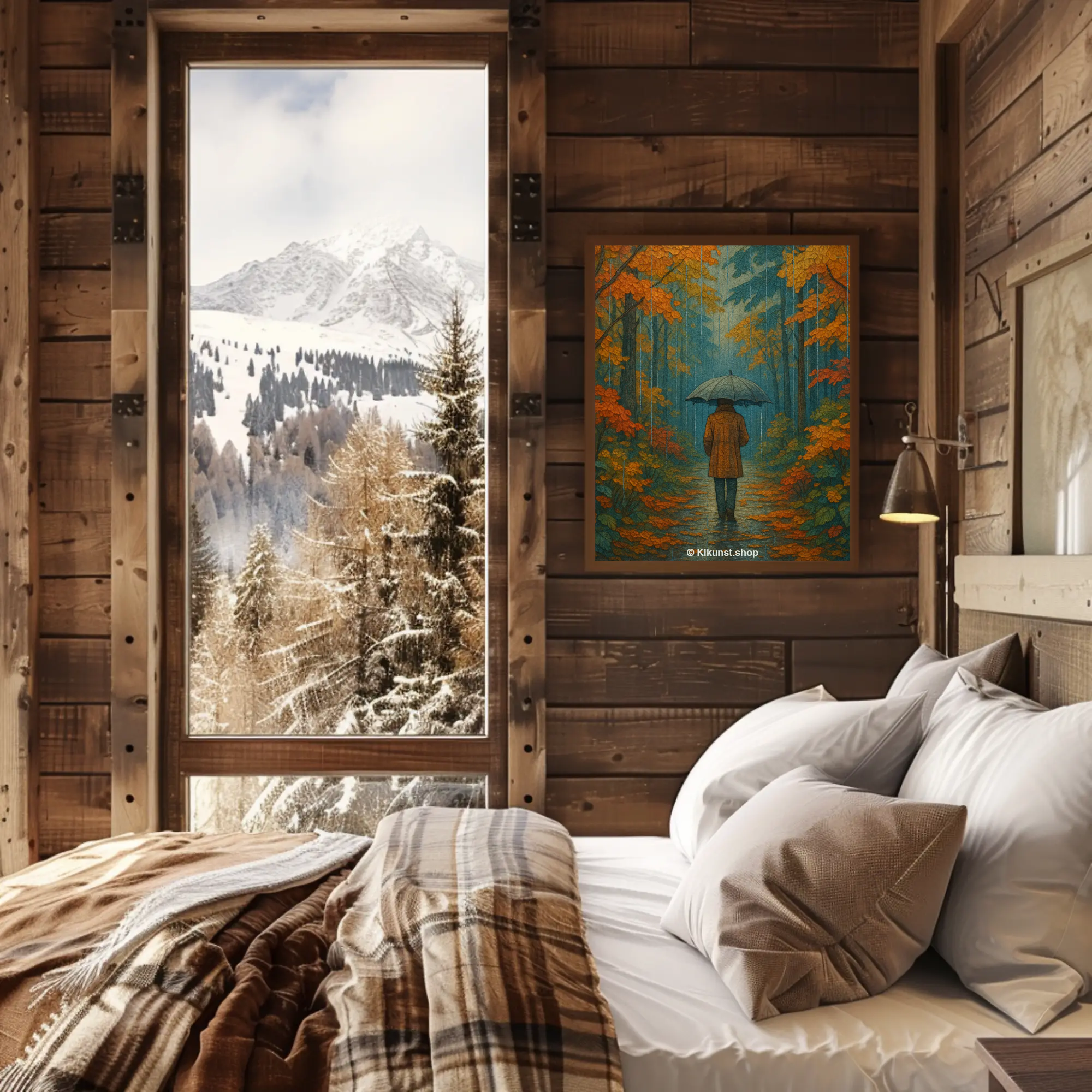 Fine Art Print mit Spaziergänger auf Waldweg in herbstlicher Landschaft mit warmen Farben