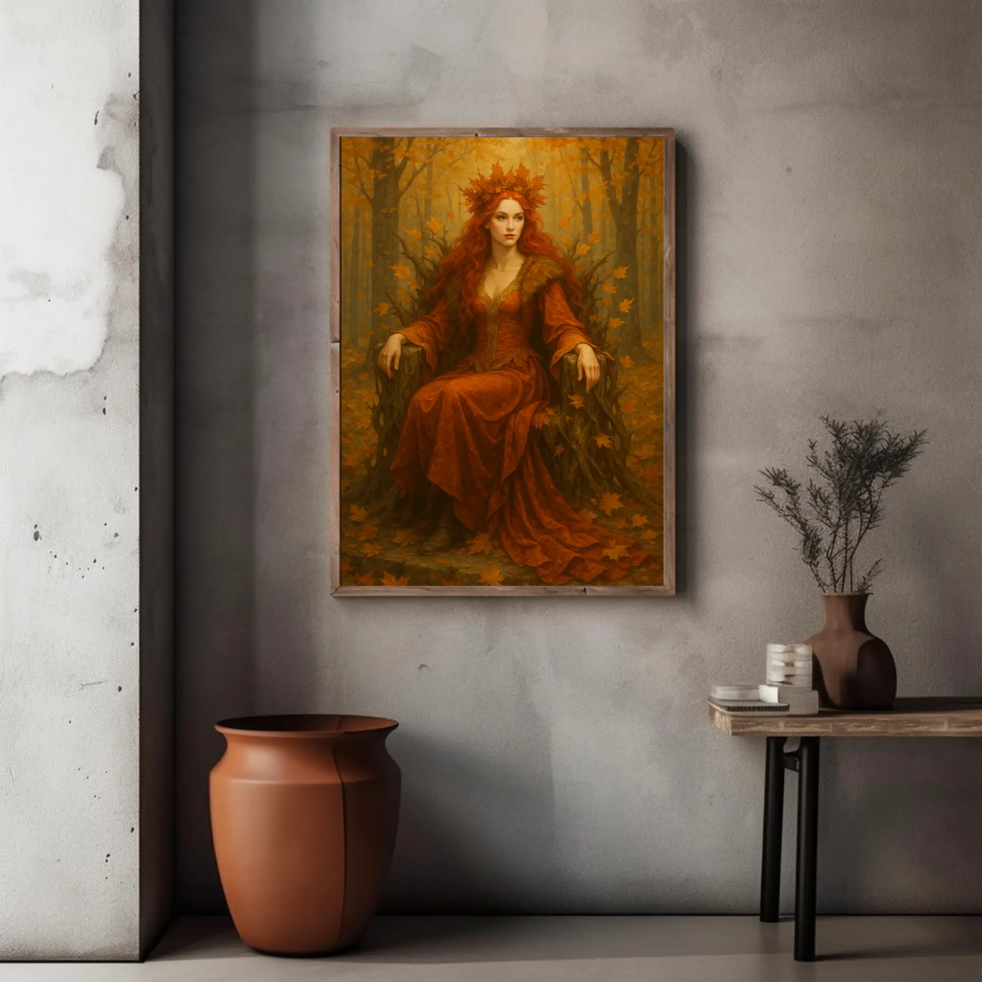 Warmer Fine Art Print mit herbstlichem Frauenporträt und goldenen Farbtönen über stilvoller Einrichtung