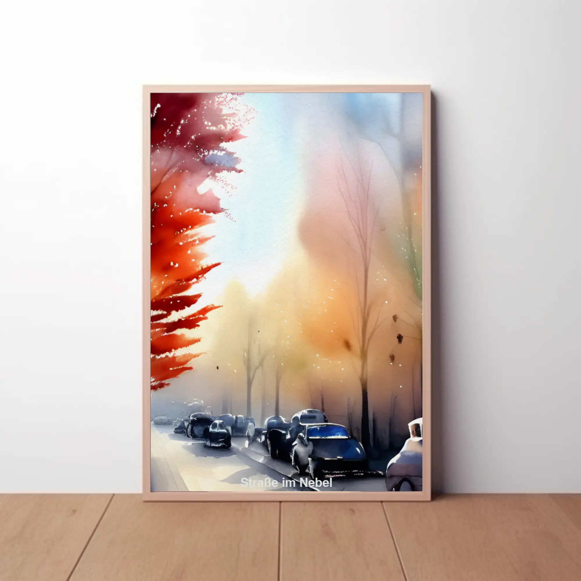 Fine Art Print mit nebelverhangener Herbststraße und leuchtenden Bäumen in modernem Wohnambiente.