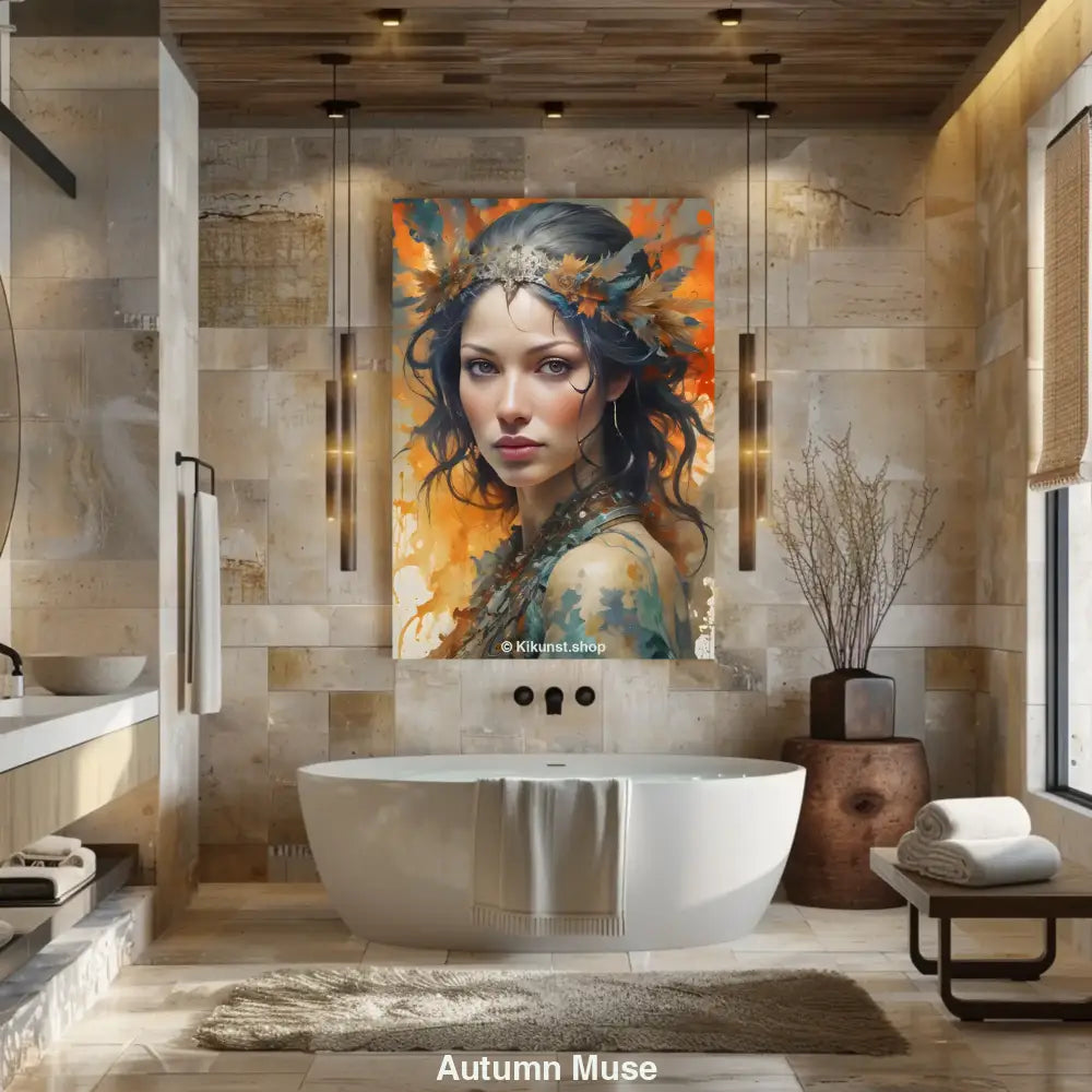 Fine Art Print mit herbstlichem Frauenporträt gerahmt an Wand in modernem Raum