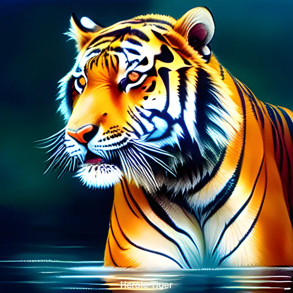 Majestätischer Tiger in kraftvoller Pose mit detaillierter Fellstruktur und scharfen Augen, KI-generiertes Porträt.