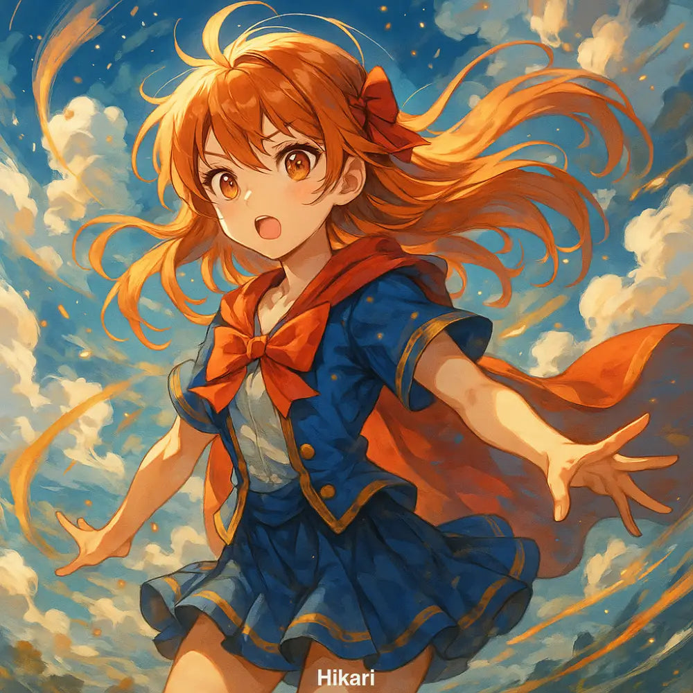 Junge Heldin mit leuchtend orangefarbenem Haar im Wind vor gold-blauem Himmel, symbolisiert Mut und Aufbruch.