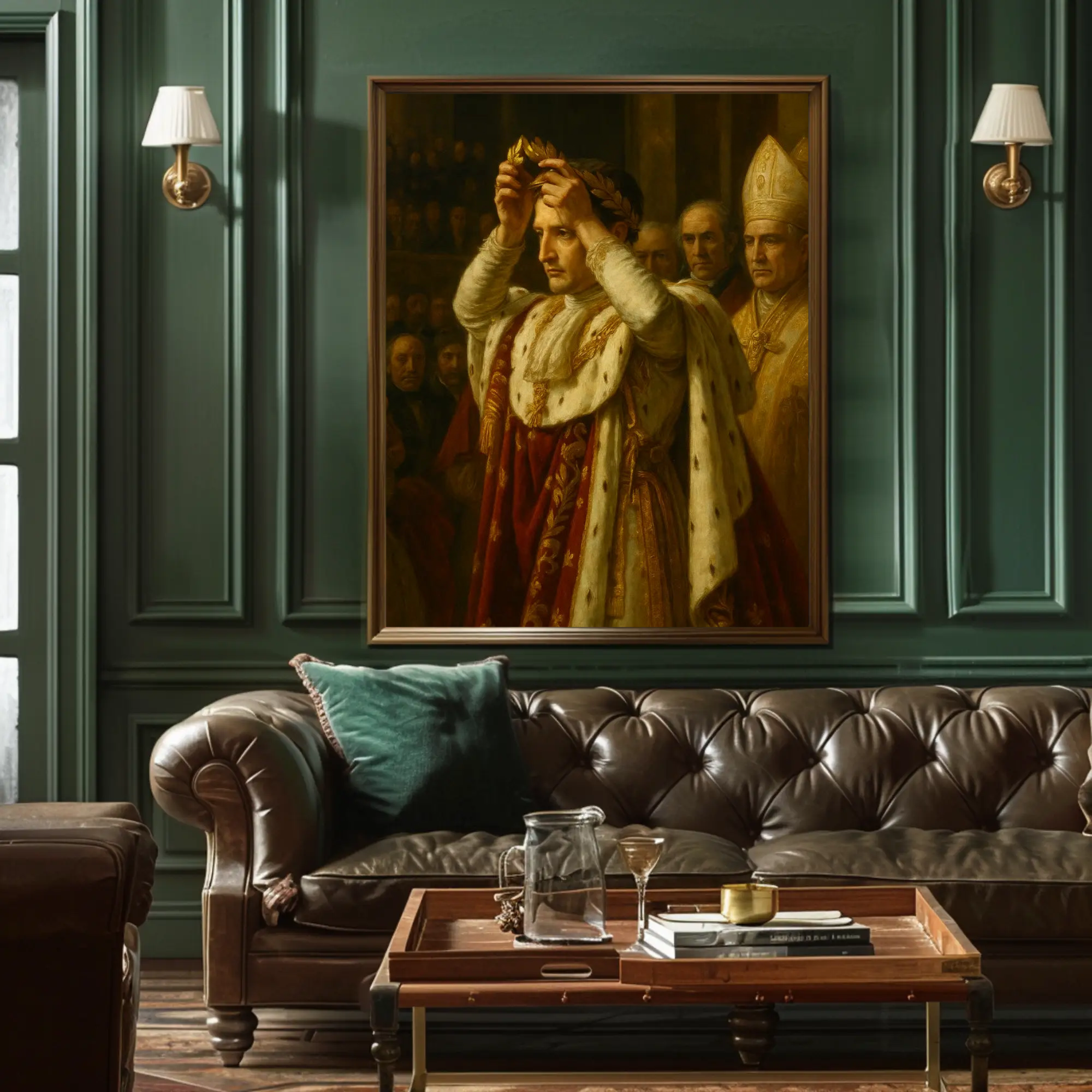 Historischer Fine Art Print mit königlicher Figur über dunklem Interior