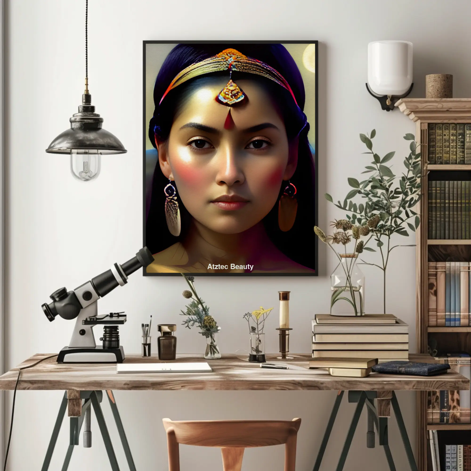 Fine Art Print mit aztekisch inspiriertem Porträt über Sideboard in stilvollem Wohnraum