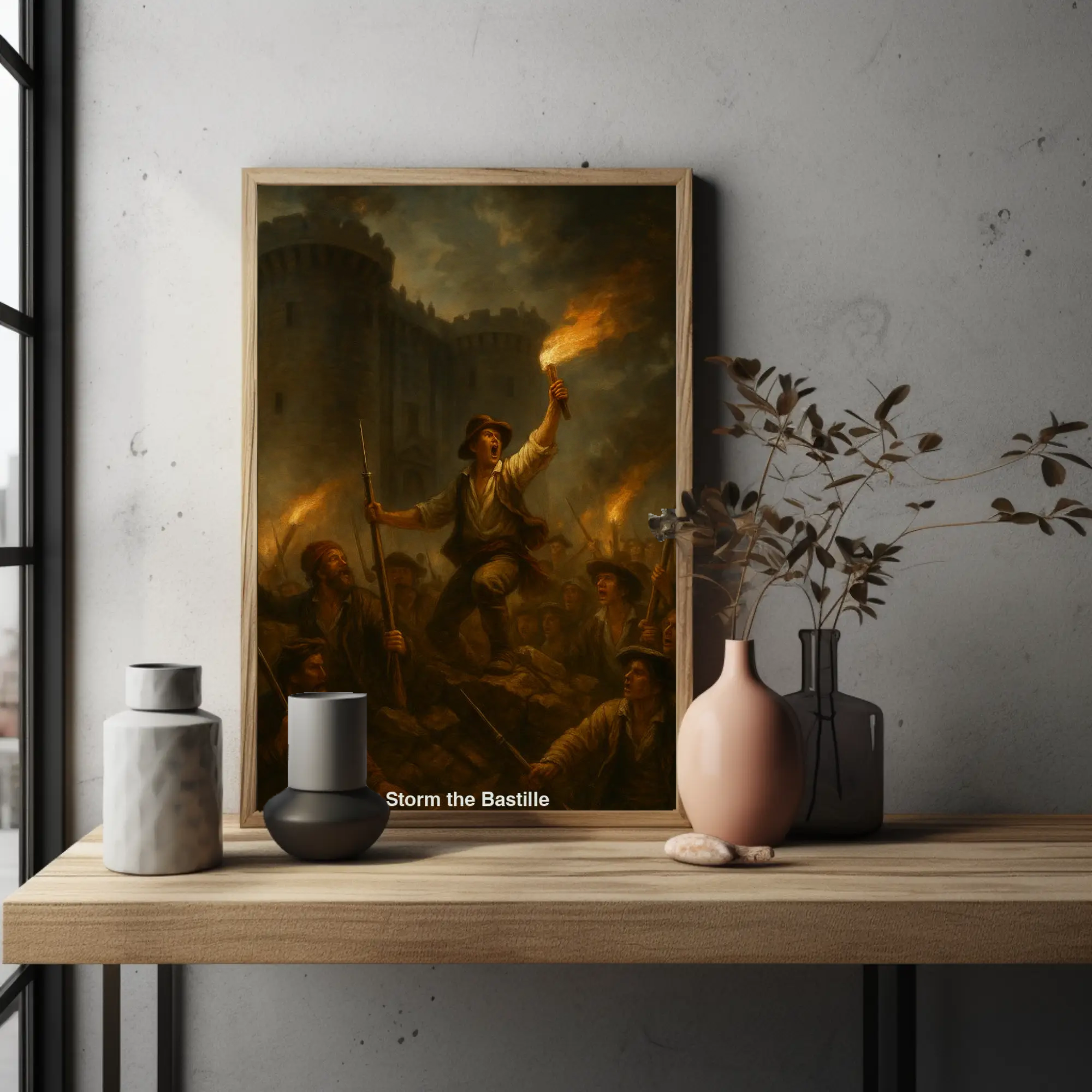 Dramatischer Fine Art Print mit historischer Kampfszene über einer Konsole in modernem Wohnambiente.