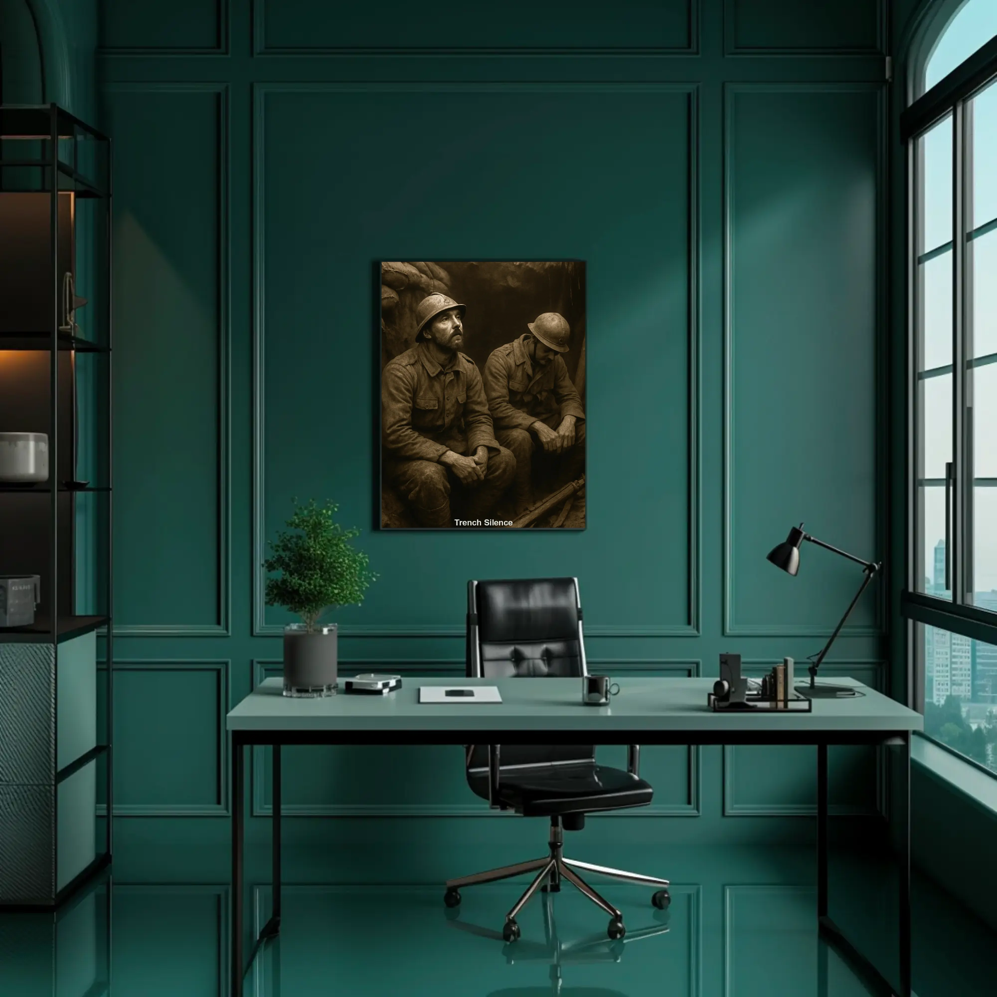 Fine Art Print mit historischem Soldatenmotiv in Sepiatönen über einer dunklen, stilvollen Wohnraumgestaltung.