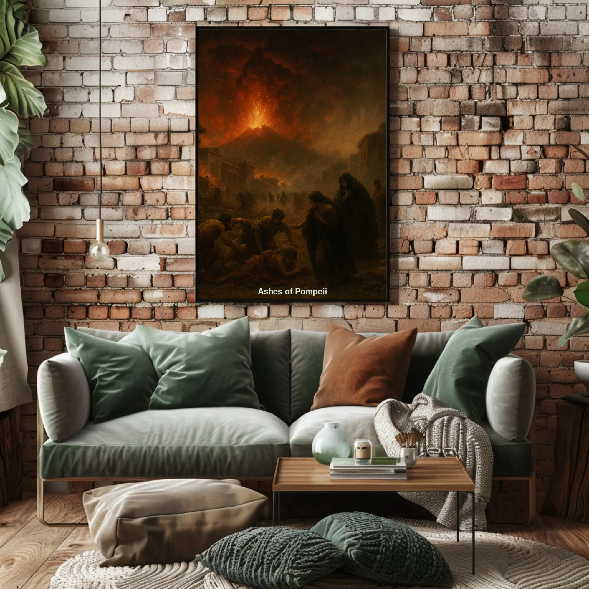 Fine Art Print mit Vesuv Ausbruch Motiv über Sofa in warm eingerichteter Wohnumgebung
