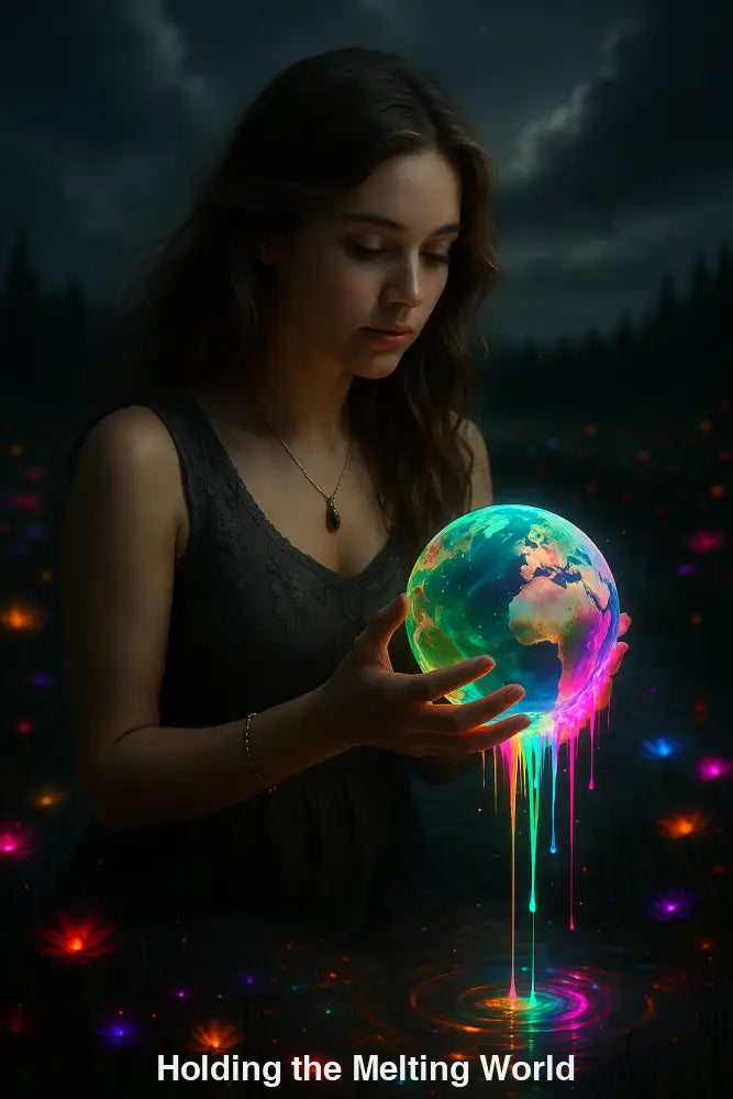 Frau hält schmelzende bunte Weltkugel in dunkler Naturkulisse