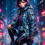 Holo Streets – AI Art, Anime-Figur in metallic-blauem Outfit vor Neonlichtern einer futuristischen Cyberpunk-Stadt.