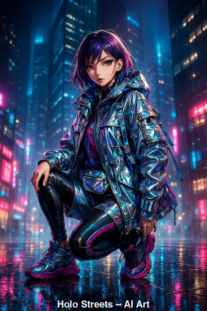 Holo Streets – AI Art, Anime-Figur in metallic-blauem Outfit vor Neonlichtern einer futuristischen Cyberpunk-Stadt.