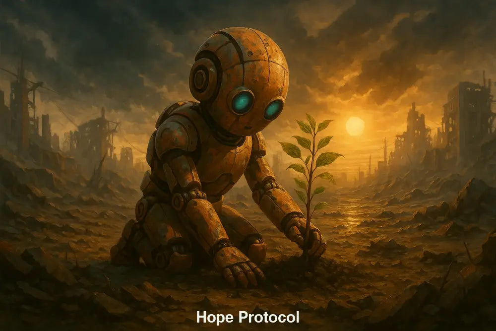 Ein Roboter pflanzt einen Setzling in einer zerstörten Welt unter dramatischer Abendsonne