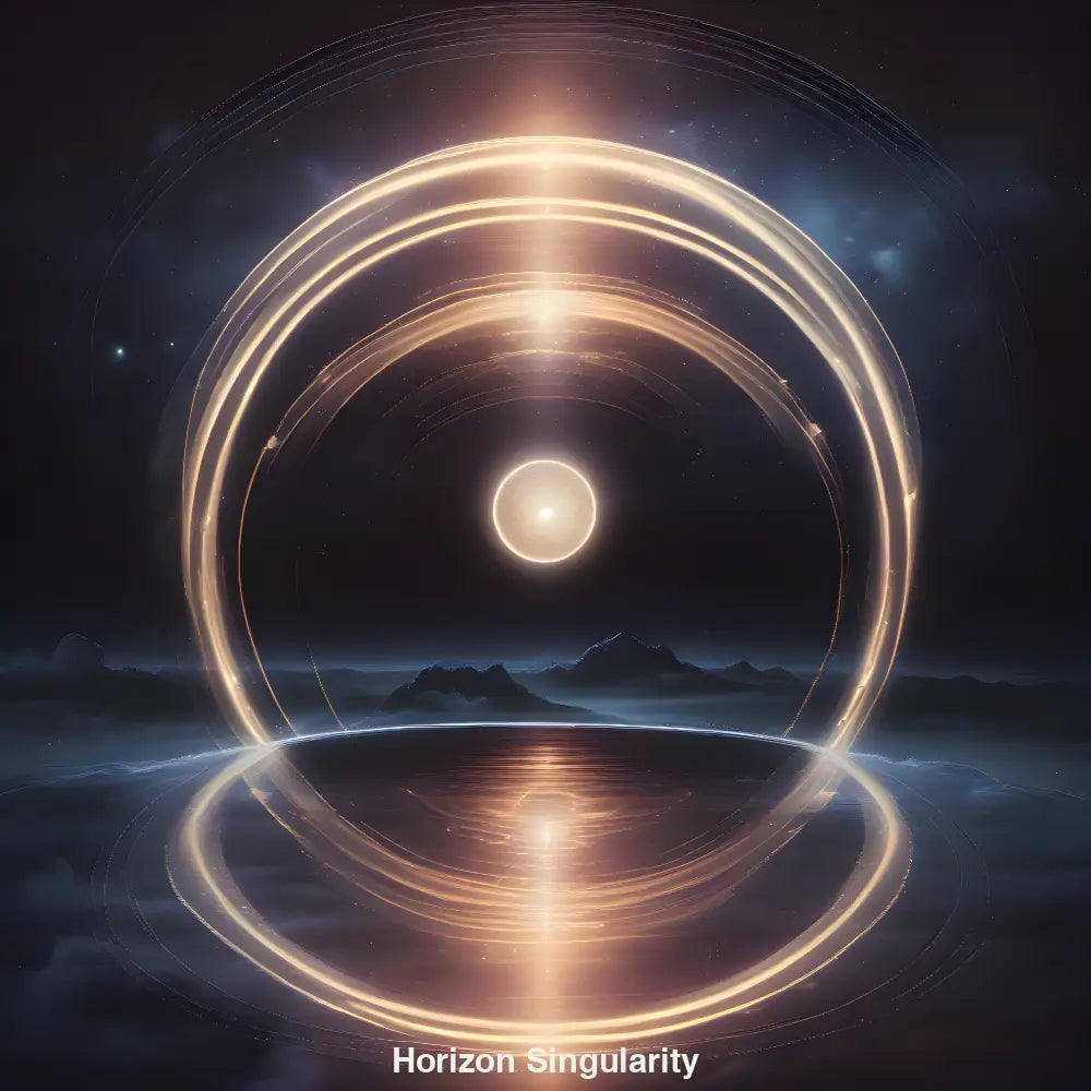 Leuchtende Kugel über ruhiger Wasserfläche mit goldenen Lichtkreisen vor Bergen unter Sternenhimmel.