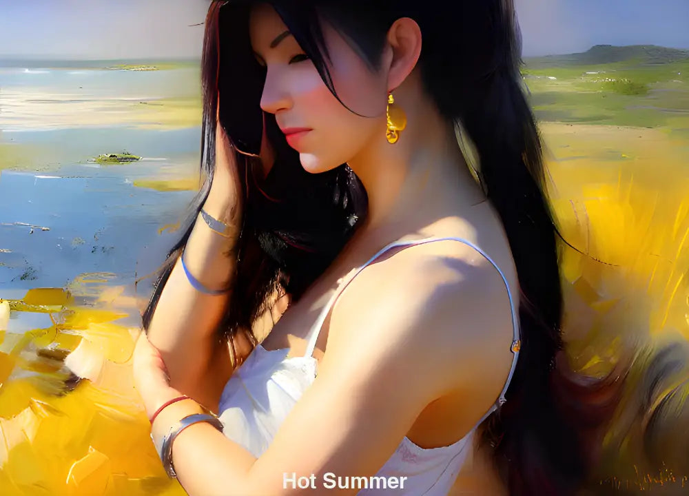 Porträt einer jungen Frau in warmem Sonnenlicht vor sommerlicher Landschaft, eingefangen im nachdenklichen Moment.
