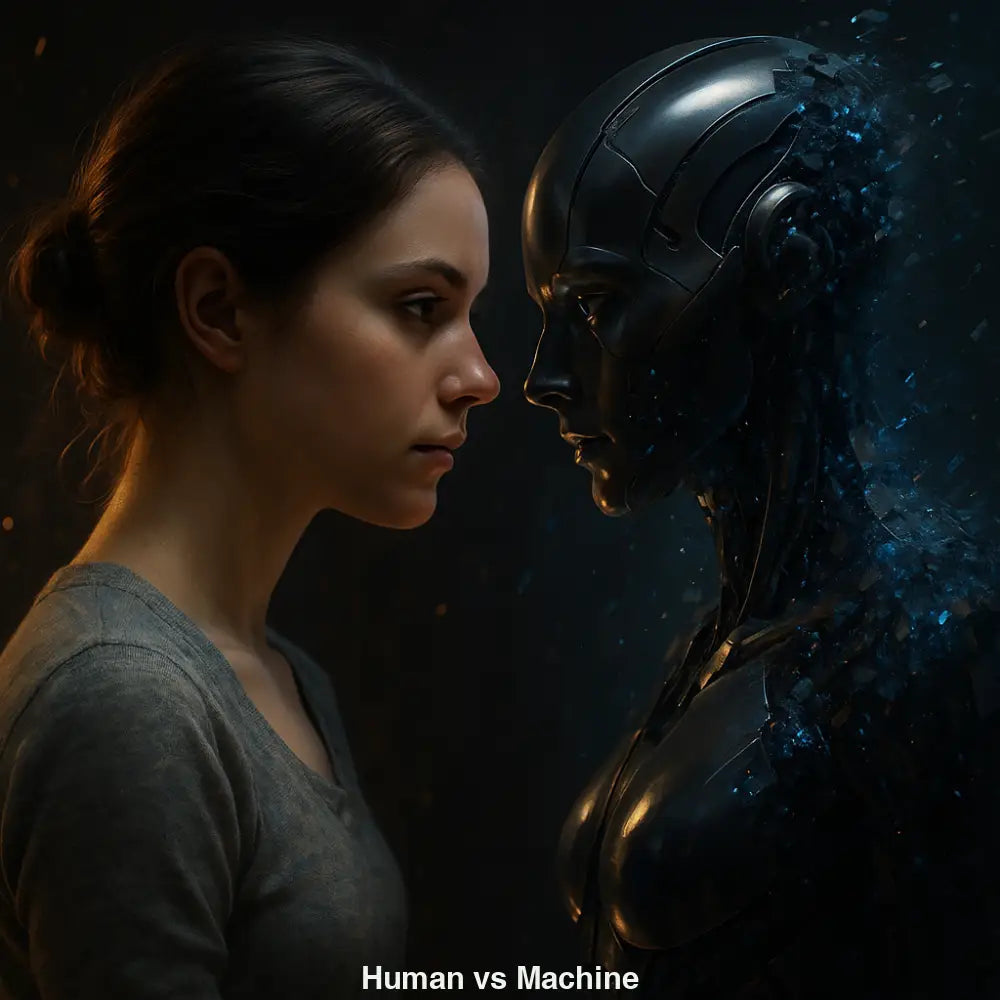 Porträt einer Frau im direkten Blickkontakt mit einem futuristischen Roboter – Symbolbild für Menschlichkeit, KI und Identitätsfragen