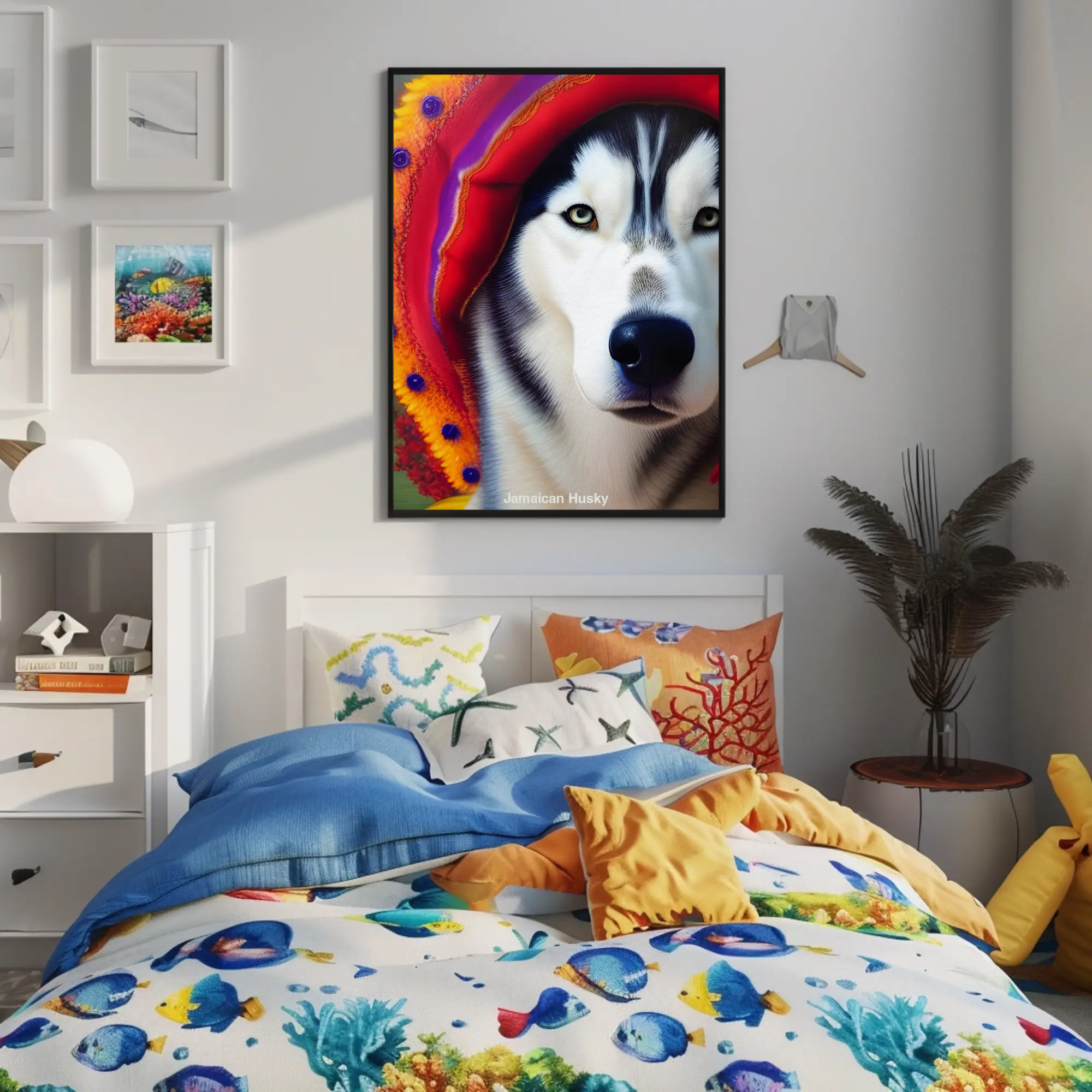 Husky Kopf im Zentrum mit leuchtenden Farben im Hintergrund