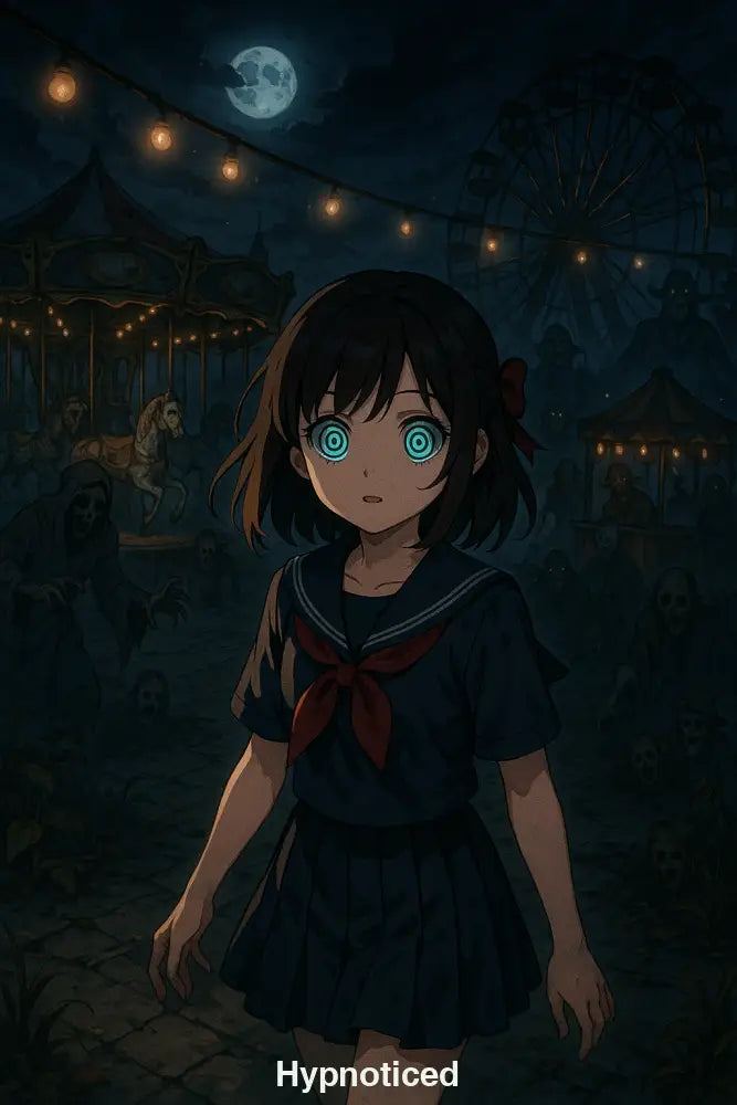 Anime-Mädchen mit hypnotischen Augen im düsteren Jahrmarkt – KI-Kunst mit Horror-Stimmung, Karussells und gespenstischer Atmosphäre.