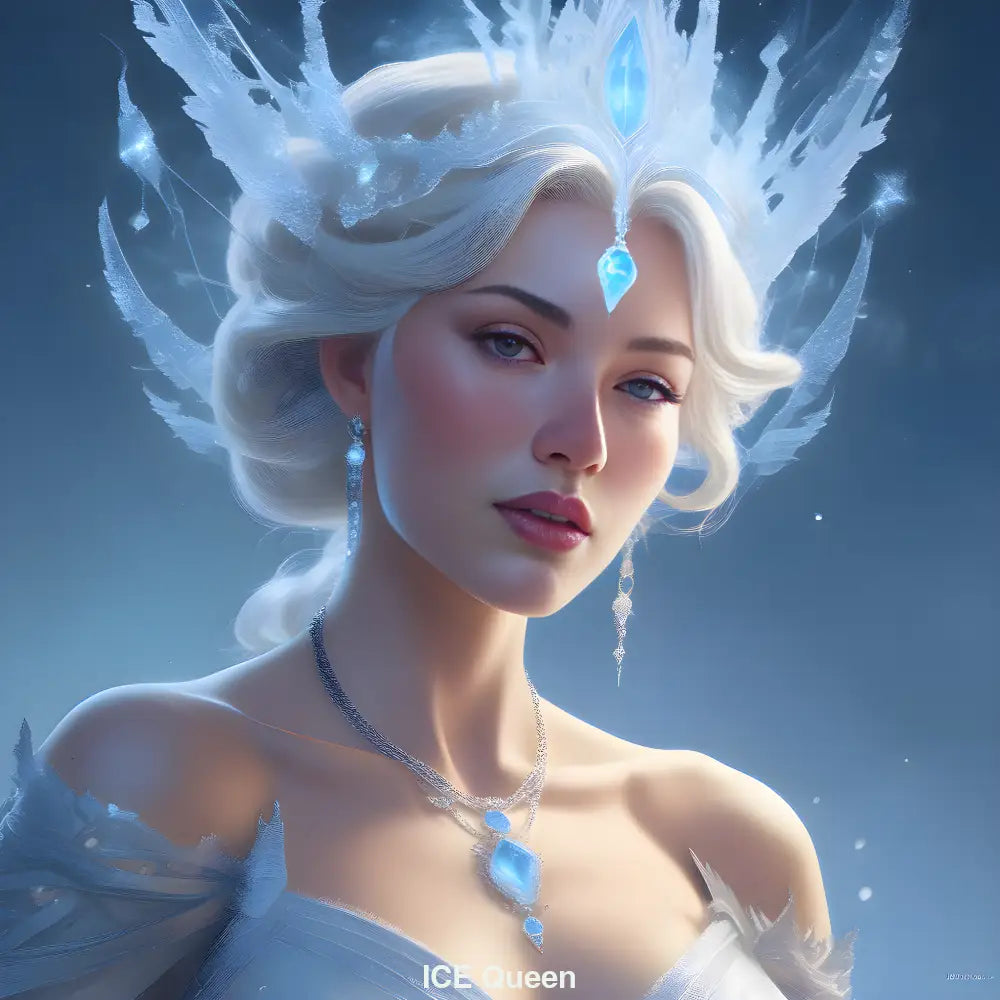 Porträt einer eisigen Königin mit Kristallkrone und leuchtendem Edelstein – ruhige Wintermagie in digitaler Fantasystimmung.