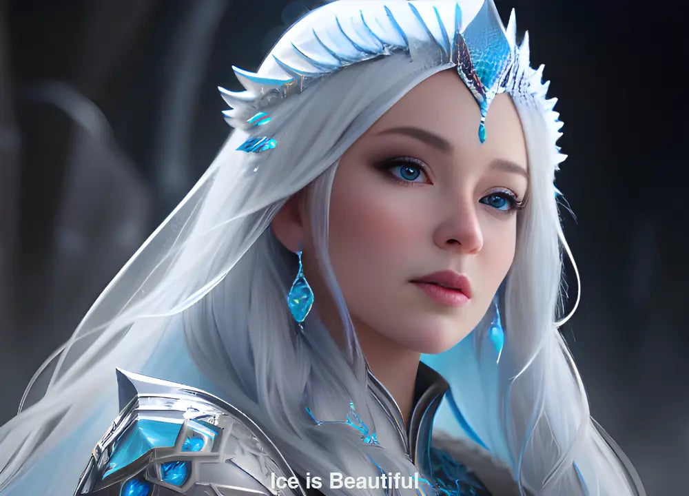 Porträt einer mächtigen Eis-Zauberin in verschneiter Landschaft – digital gemalt mit frostiger Magie und majestätischer Ausstrahlung.
