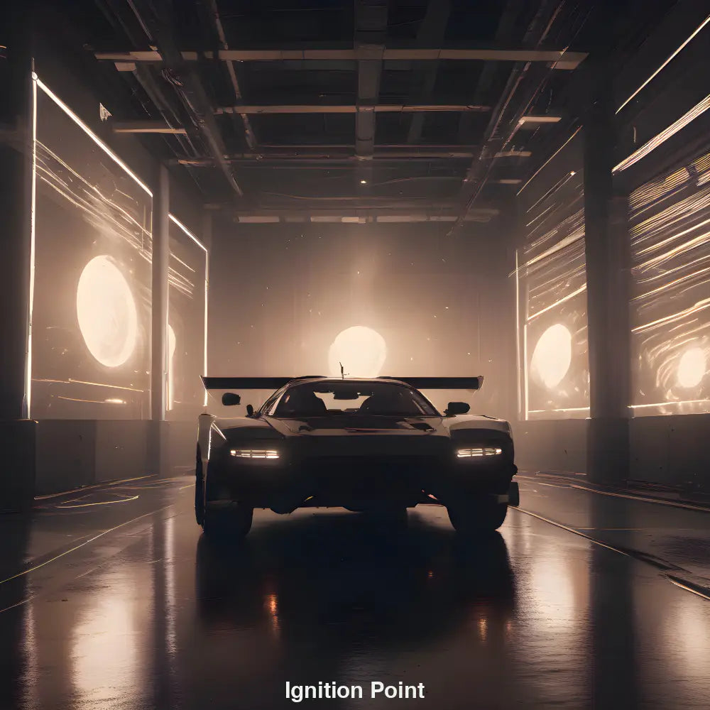 Futuristischer Supersportwagen in moderner Fahrzeughalle, umgeben von Licht und Spiegelungen – KI-generiertes Hightech-Motiv.