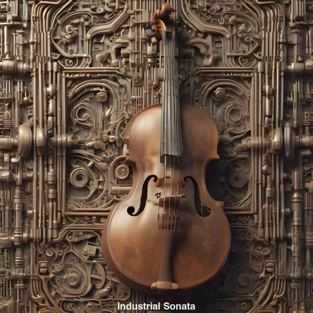 Geige eingebettet in Zahnräder und Rohre – eine visuelle Fusion aus klassischer Musik und industrieller Technik.