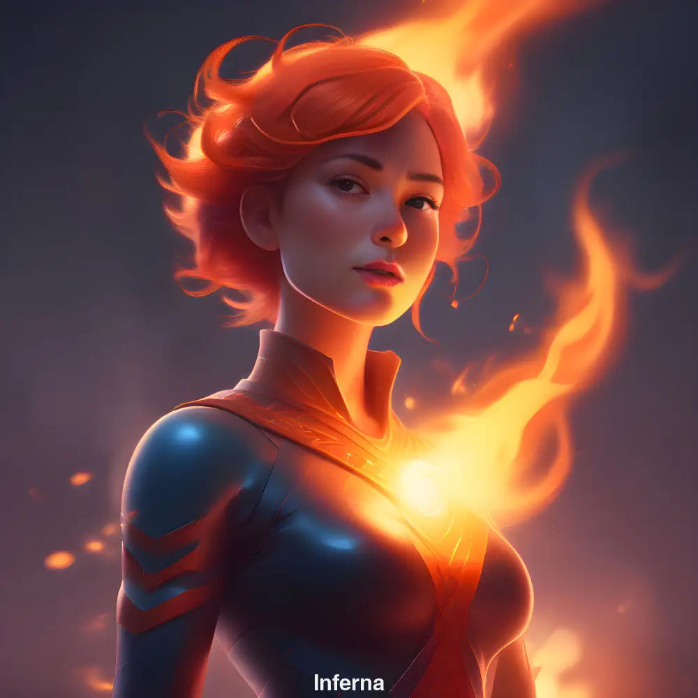 Digitale Heldin mit glühendem Herzen, feuerrotem Haar und futuristischer Rüstung in flammender Szenerie.