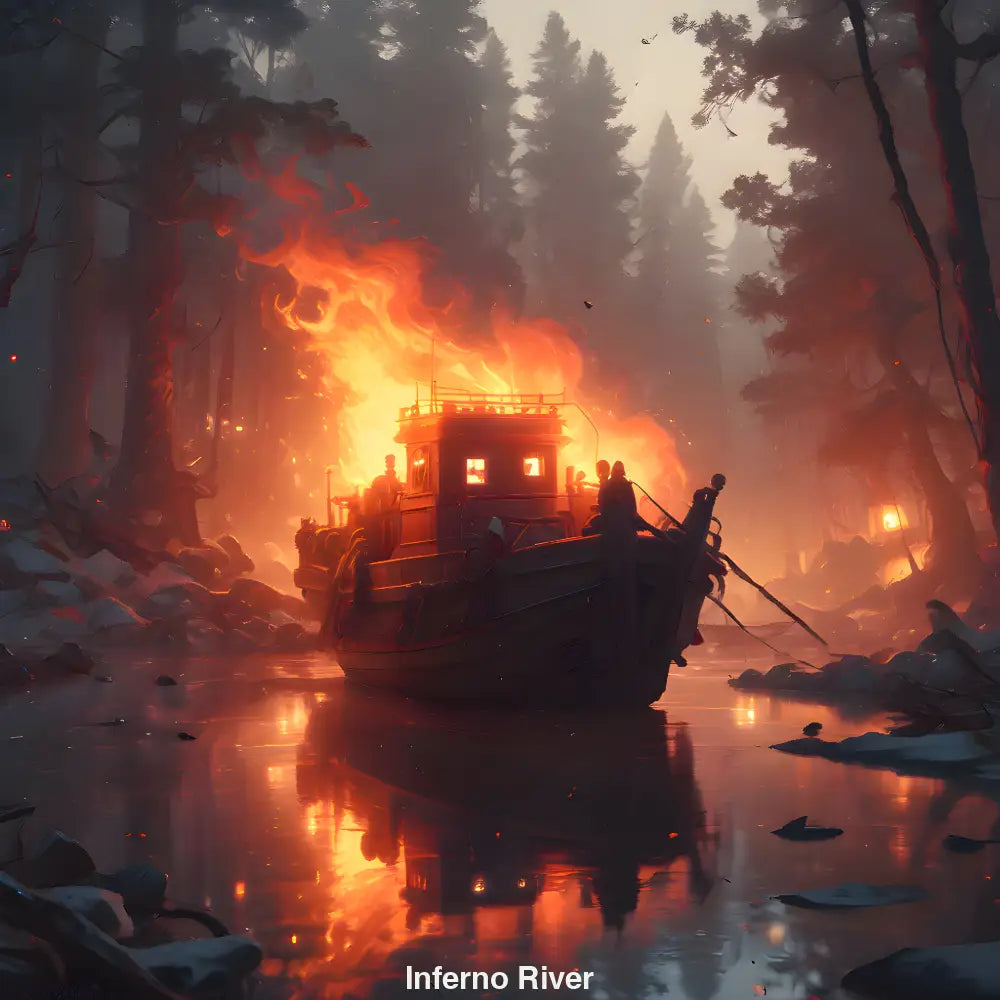 Brennendes Boot auf nebligem Fluss vor düsterem Wald – KI-Kunstwerk mit starken Kontrasten und mystischer Atmosphäre.