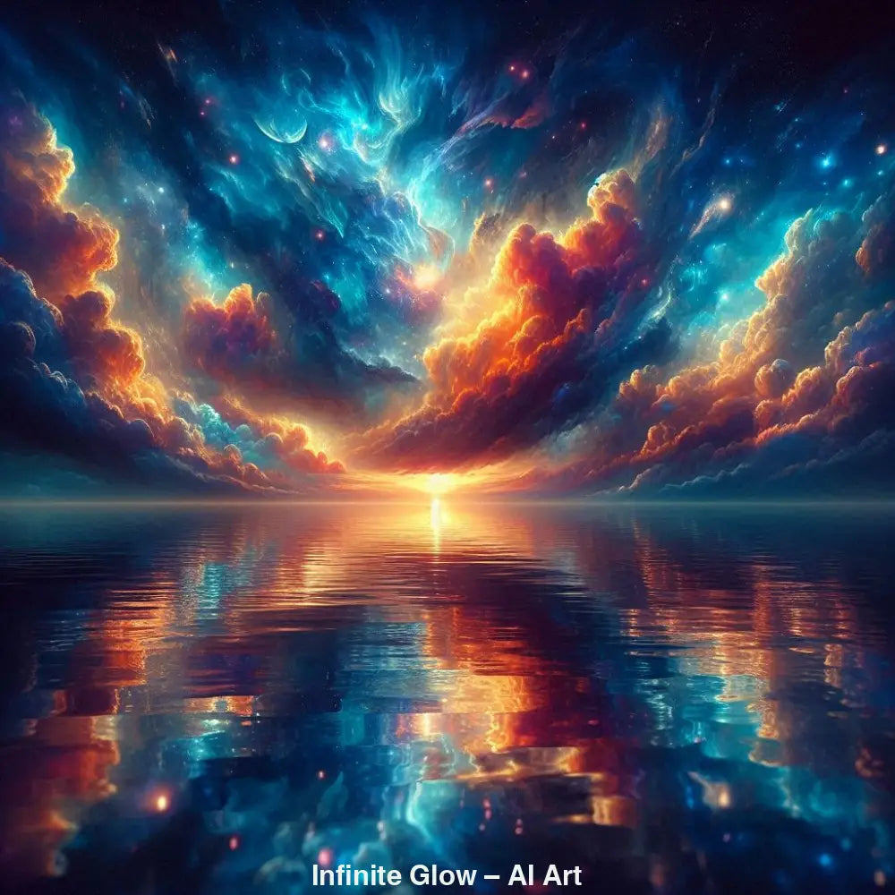 Infinite Glow – AI Art, leuchtender Himmel mit bunten Wolken über ruhigem Meer und strahlendem Sonnenuntergang.