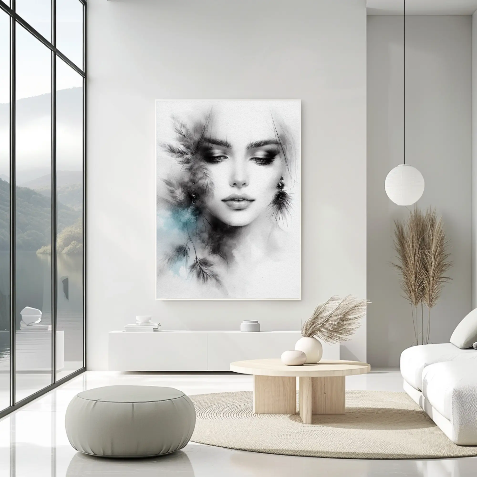 Mockup von Ink & Air – AI Art, feines Porträt mit Federn, Rauch und sanften Aquarellstrukturen.