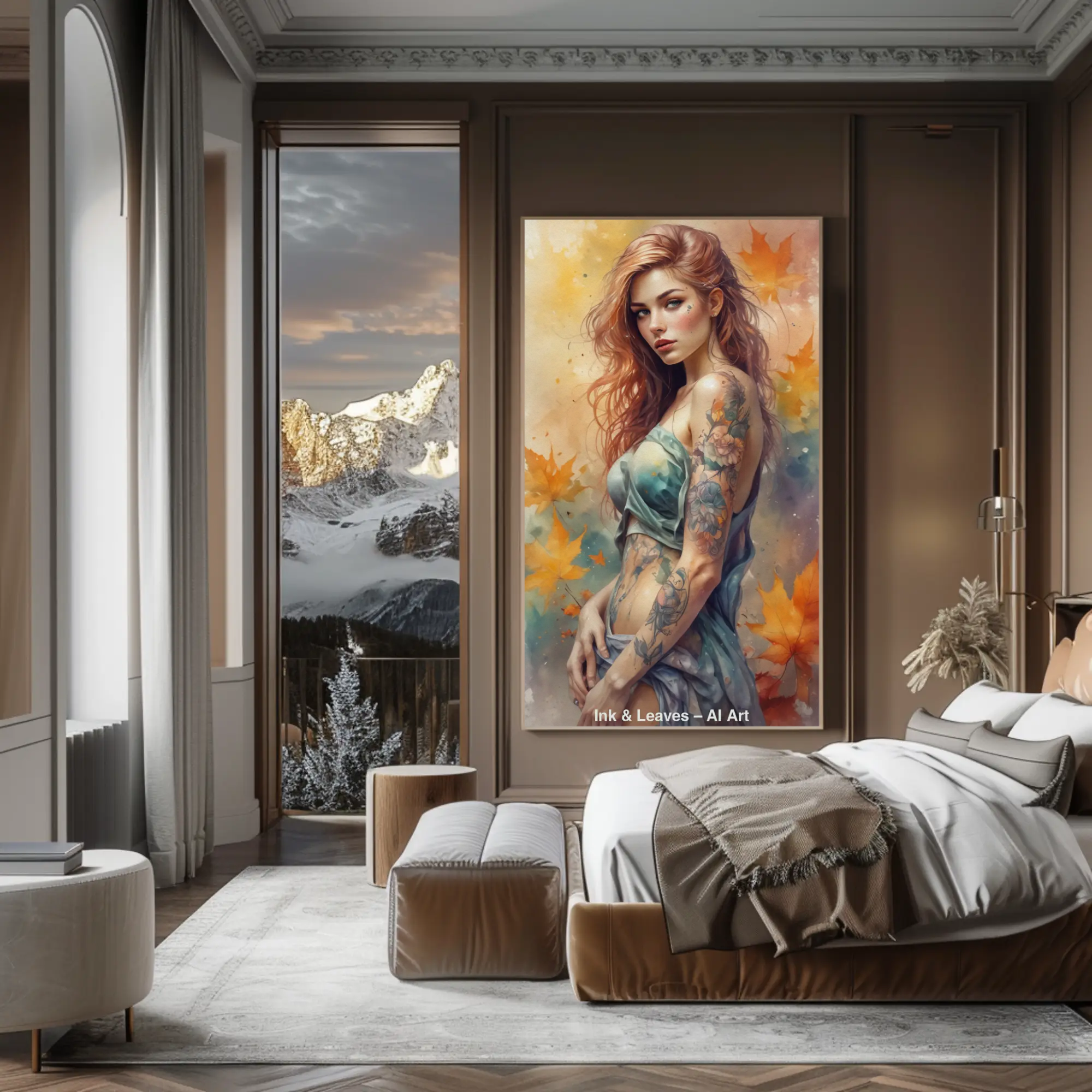 Mockup von Ink & Leaves – AI Art, digitales Porträt einer tätowierten Frau mit goldenen Herbstblättern und warmen Farben.