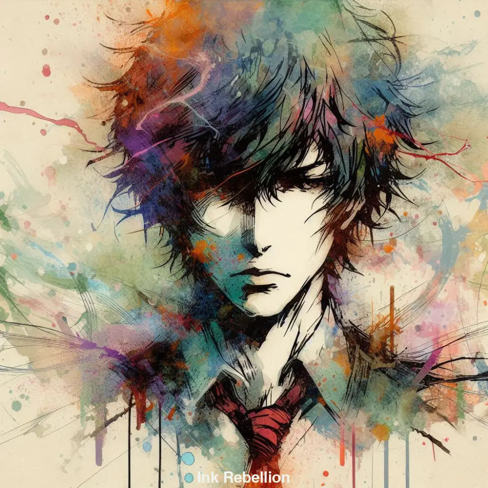 AI Anime Porträt eines jungen Mannes mit bunten Aquarell-Spritzern und dynamischem Manga-Stil.