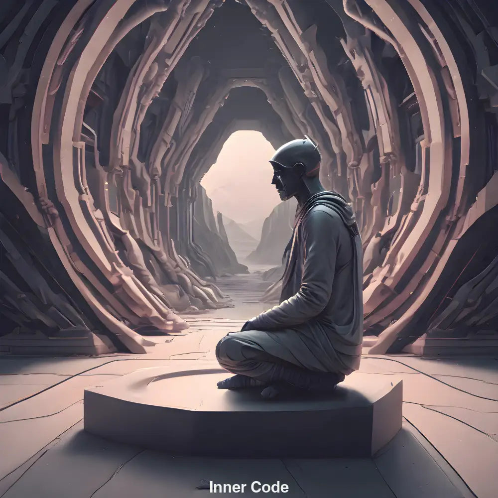 Meditierende Figur in futuristischer Höhlenstruktur – KI-Kunstwerk über Stille, Spiritualität und digitale Selbstreflexion.