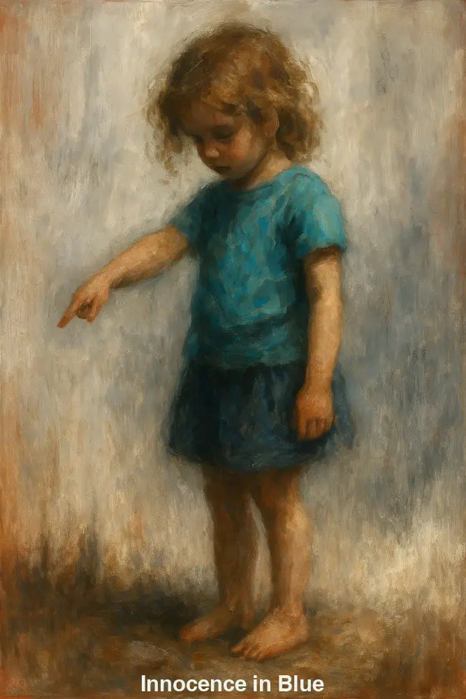 Porträt eines kleinen barfüßigen Mädchens in blauer Kleidung, das mit dem Finger auf den Boden zeigt, gemalt in klassischer Öloptik