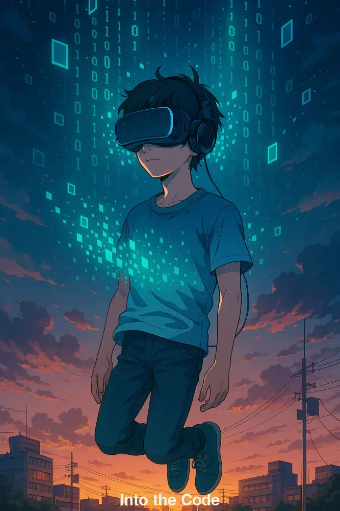 Junge mit VR-Brille schwebt in einem digitalen Datenstrom – ein KI-Kunstwerk über virtuelle Realität und Zukunftsvisionen.