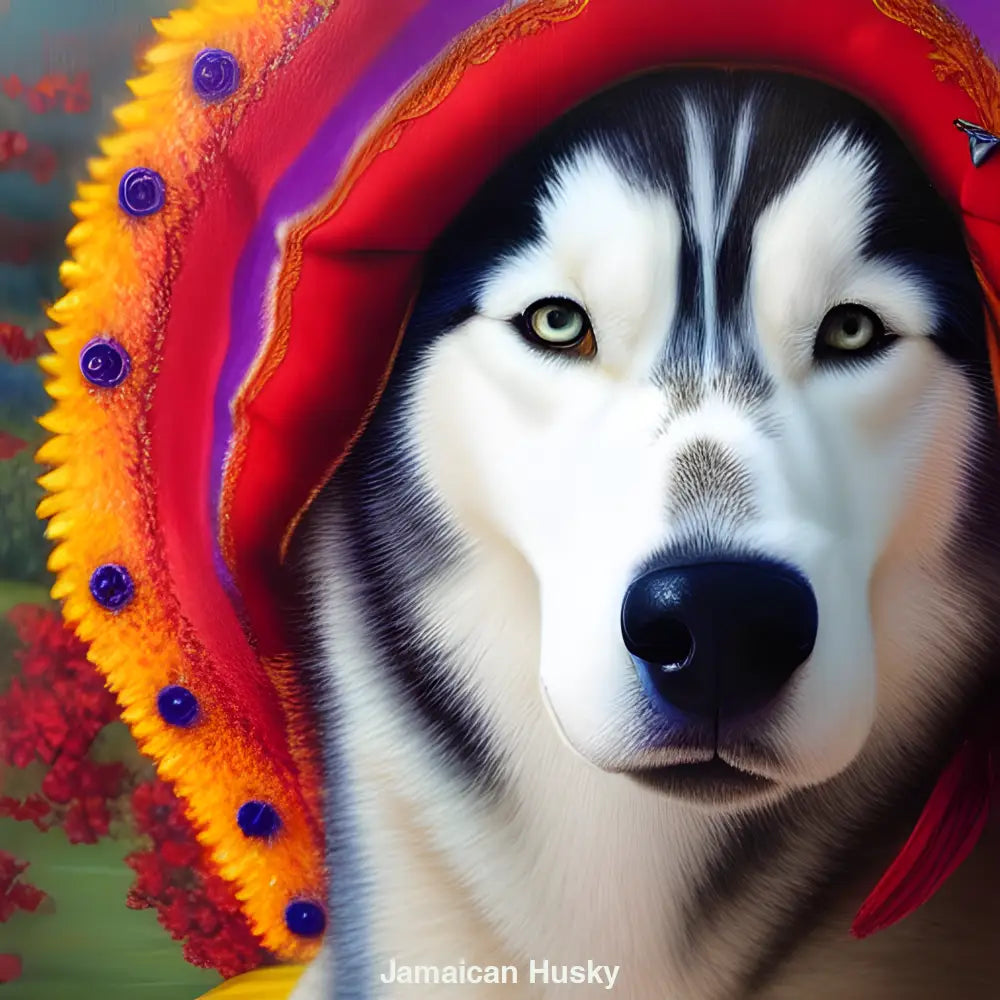 Porträt eines Huskys mit Mütze vor tropischem Hintergrund – humorvoll und exotisch inszeniertes KI-generiertes Tierbild.