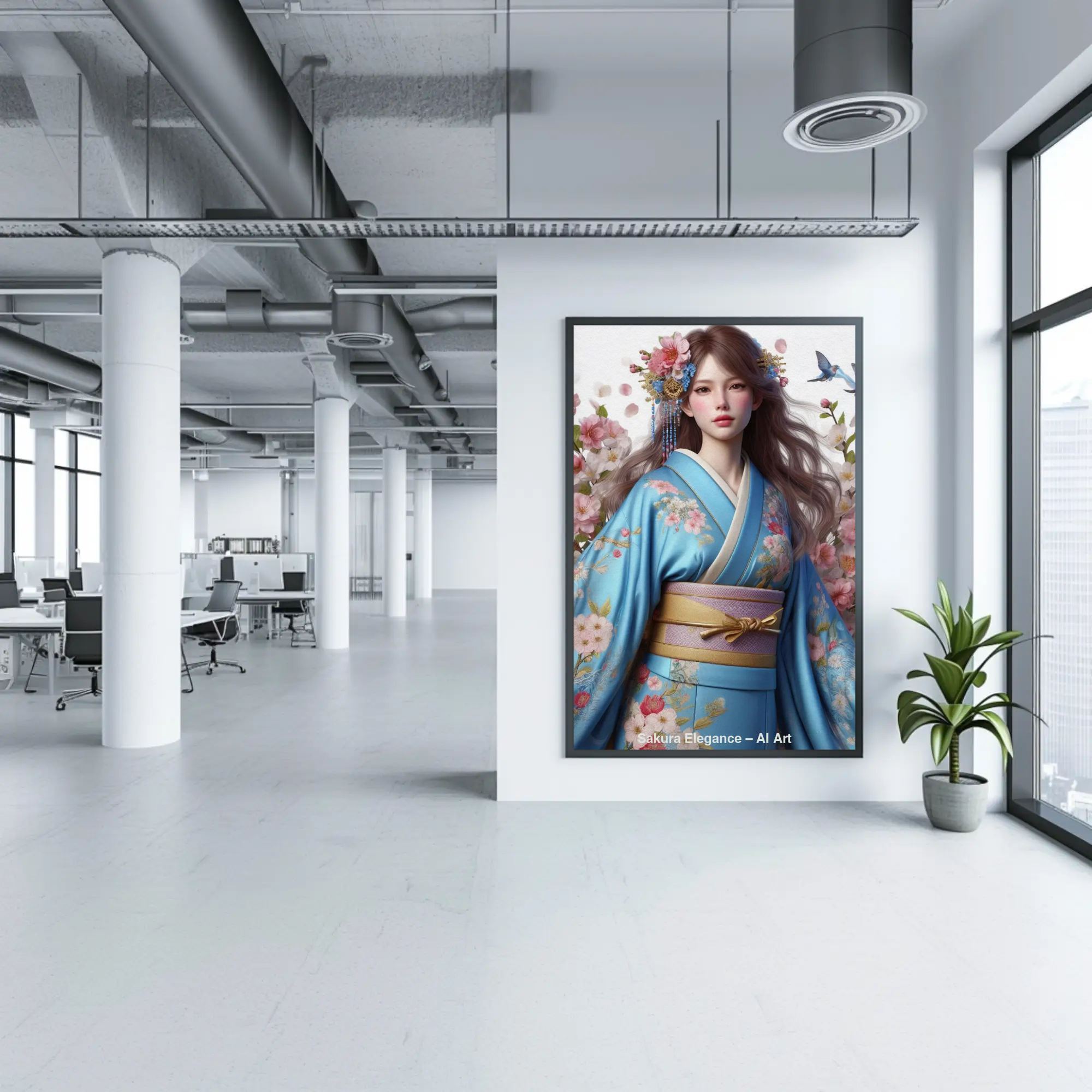 Geisha Wandbild mit Sakura Kirschblüten und traditionellem Kimono