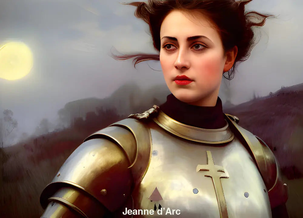 Digitale Darstellung von Jeanne d’Arc als starke, junge Frau in mittelalterlicher Rüstung – inspiriert von Geschichte und KI-Kunst.
