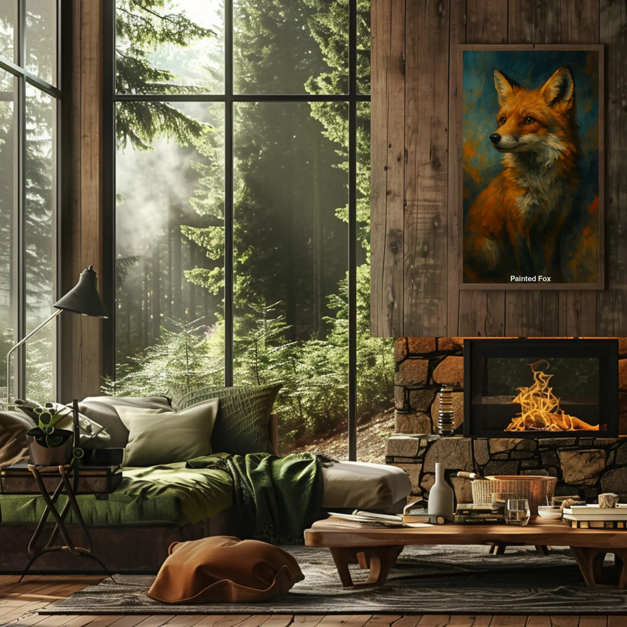 Fine Art Print mit gemaltem Fuchs in warmen Naturfarben über einer Konsole
