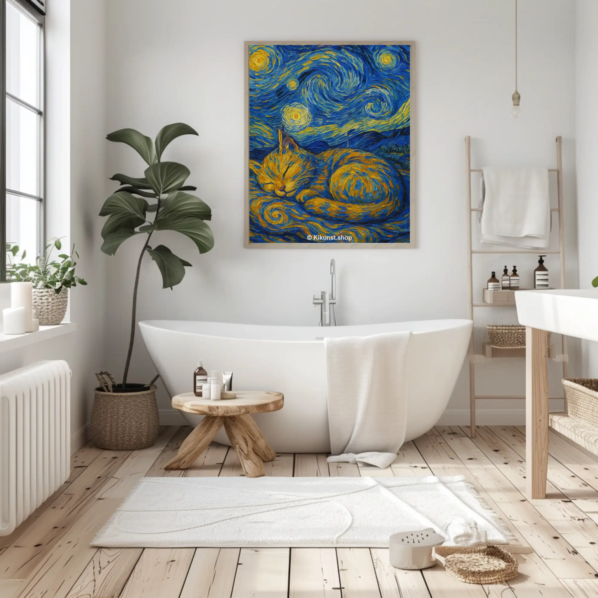 Schlafende Katze im Sternennacht-Stil als Fine Art Print über einer Badewanne in heller Wohnraumgestaltung.