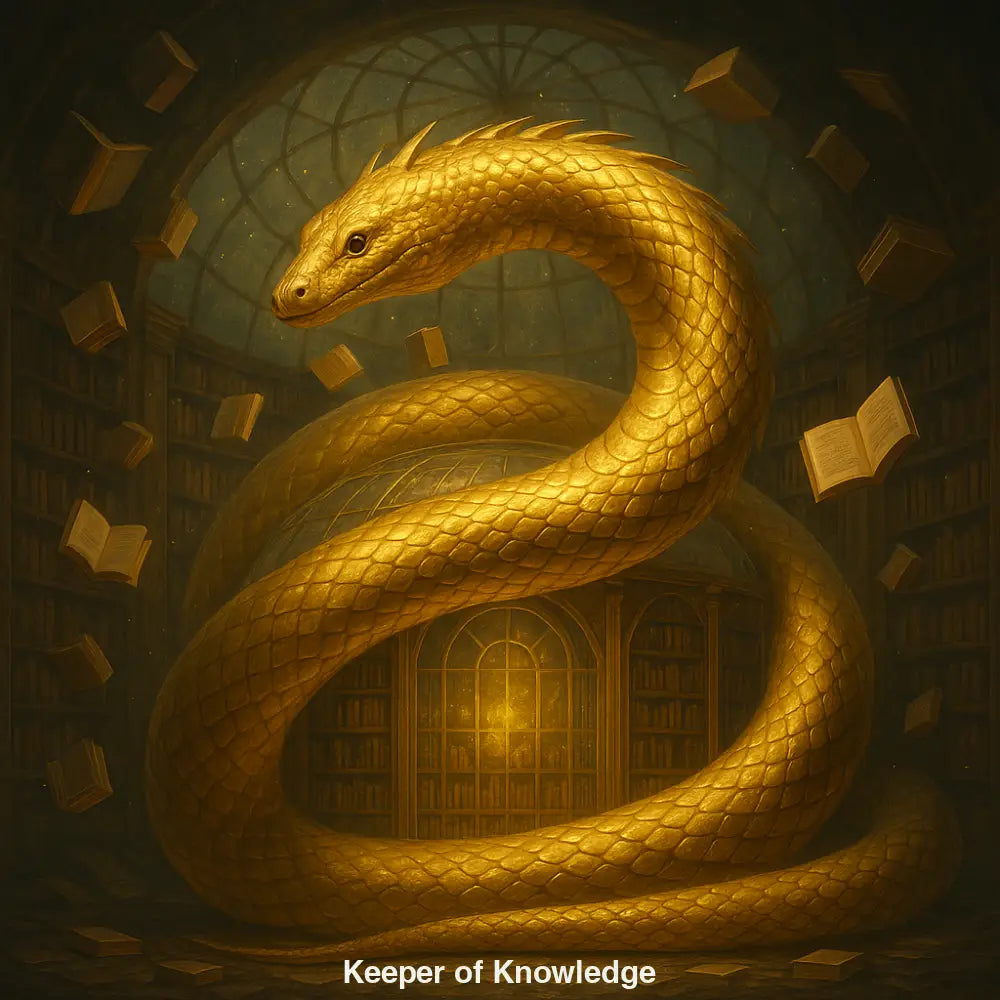 Goldene Schlange windet sich durch Bibliothek mit schwebenden Büchern – mystisches, symbolisches KI-Kunstwerk voller Wissen und Magie.