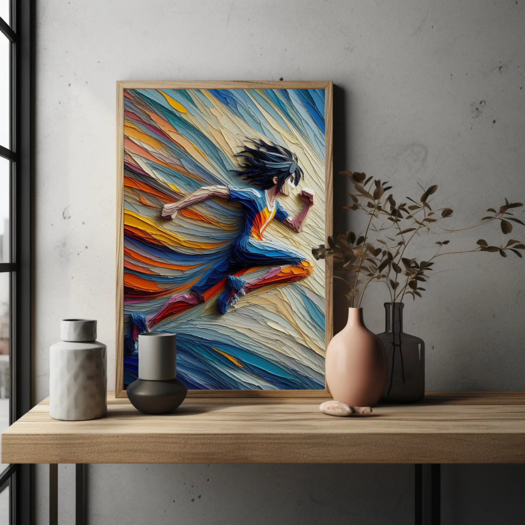 Kinetic Layers Fine Art Print mit abstrakter laufender Figur in Blau- und Orangetönen über moderner Einrichtung.