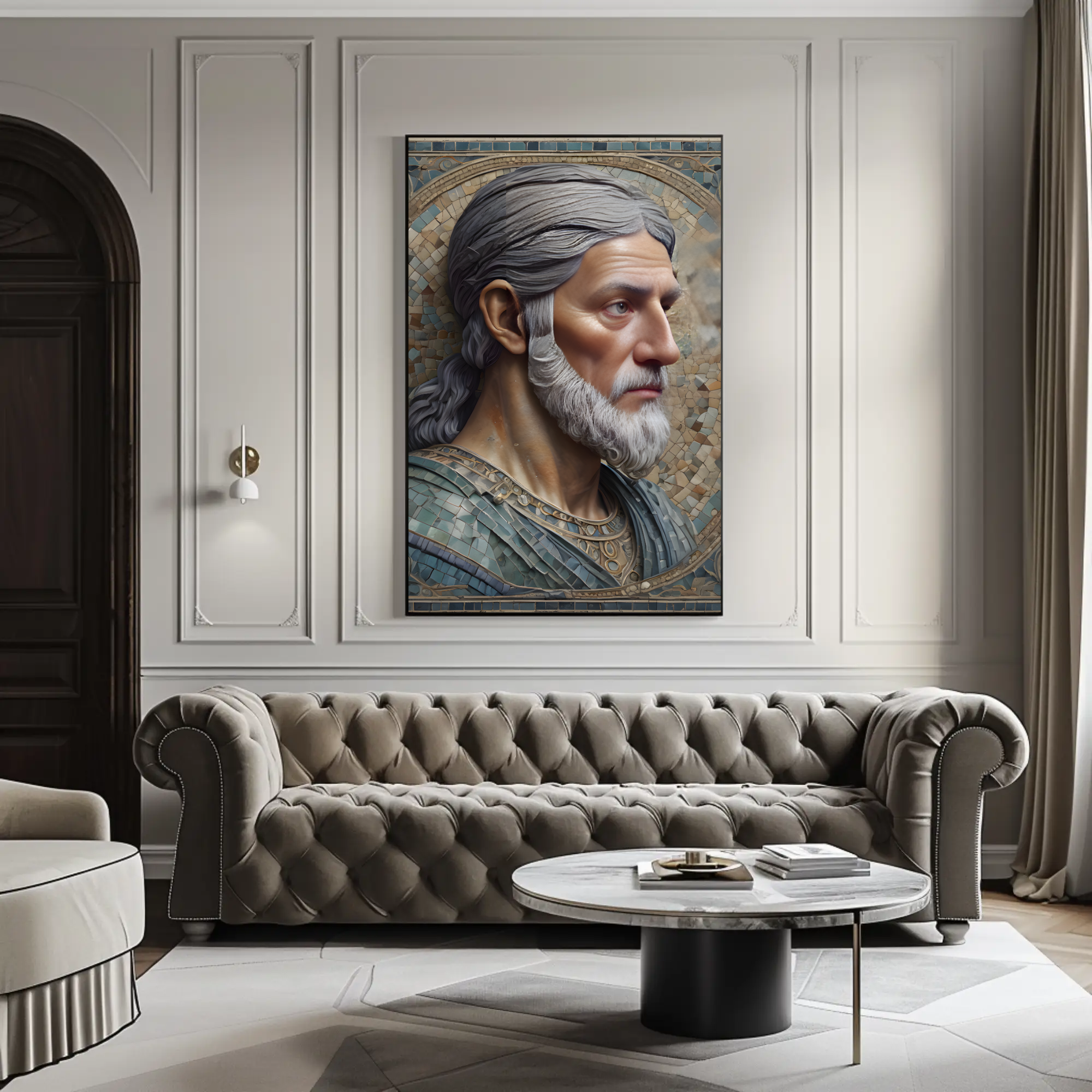 Quadratischer Fine Art Print mit detailreichem Mosaikporträt über modernem Sofa