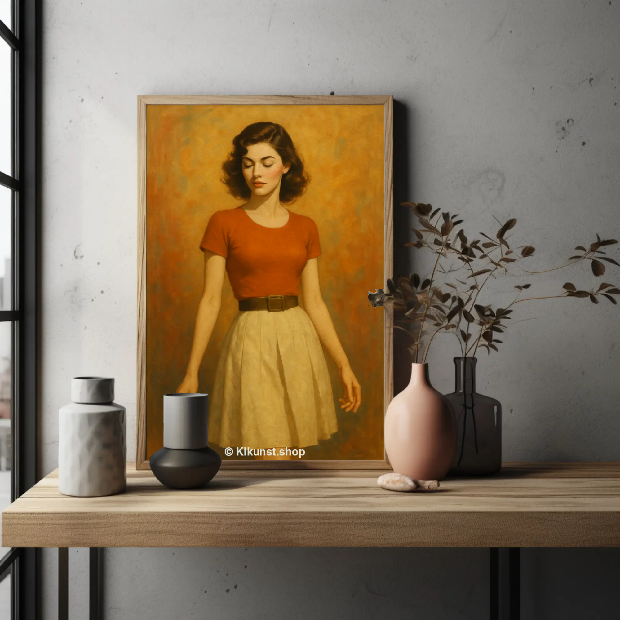 Fine Art Print mit elegantem Frauenporträt in warmen Goldtönen in einer modernen Wohnraumgestaltung.