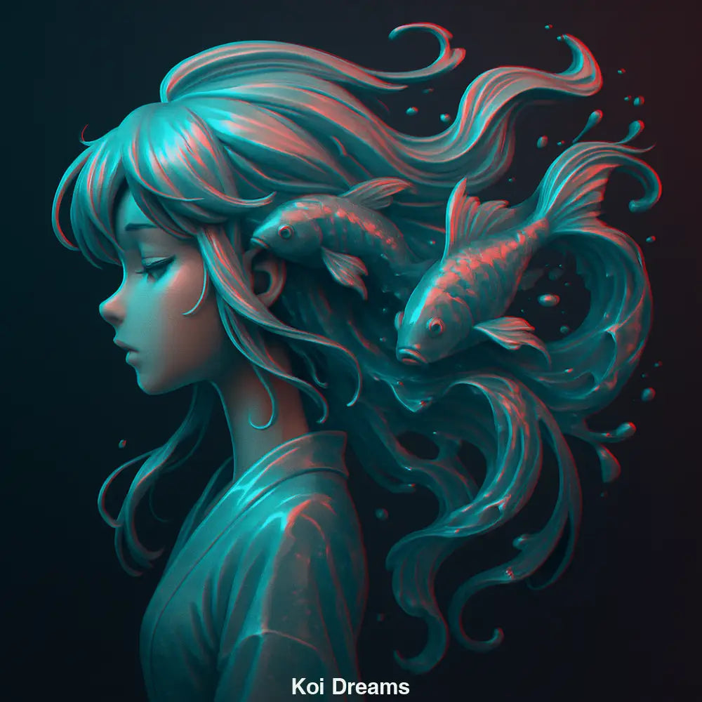 Koi Dreams – AI Art, träumendes Mädchen mit fließendem Haar und zwei Koi-Fischen in sanften türkisroten Farbtönen.