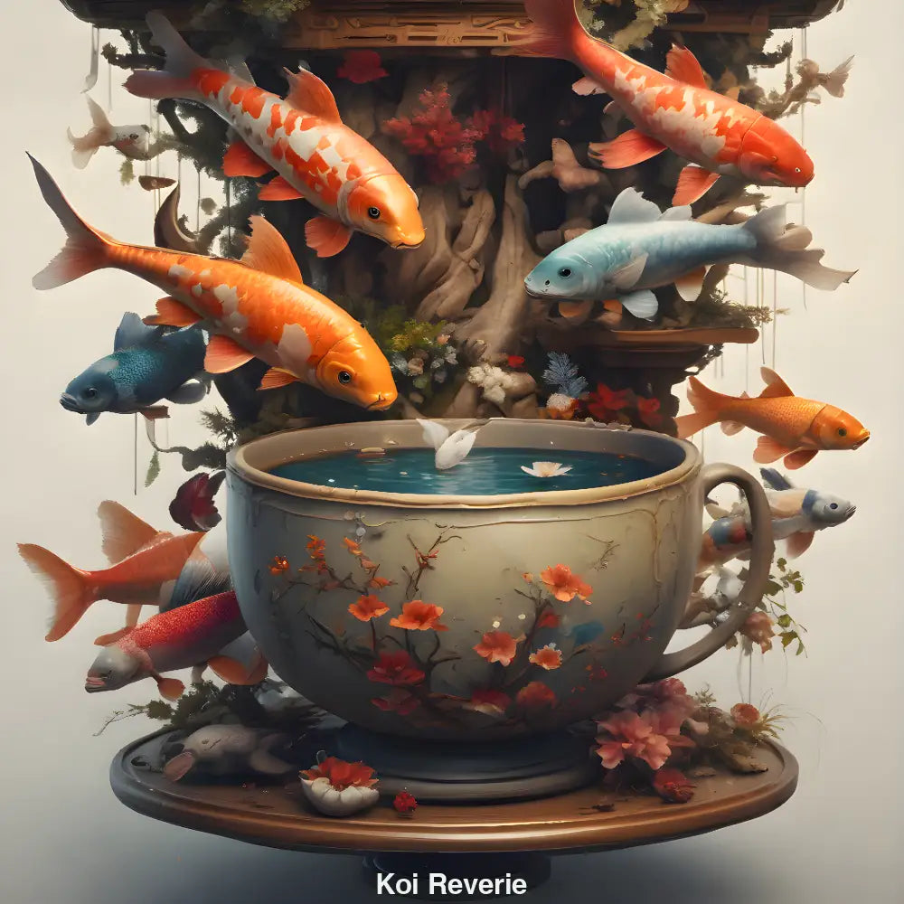 Mehrere schwebende Koi-Fische in einer verträumten, digitalen Wasserlandschaft – zwischen Fantasie und ruhiger Eleganz.