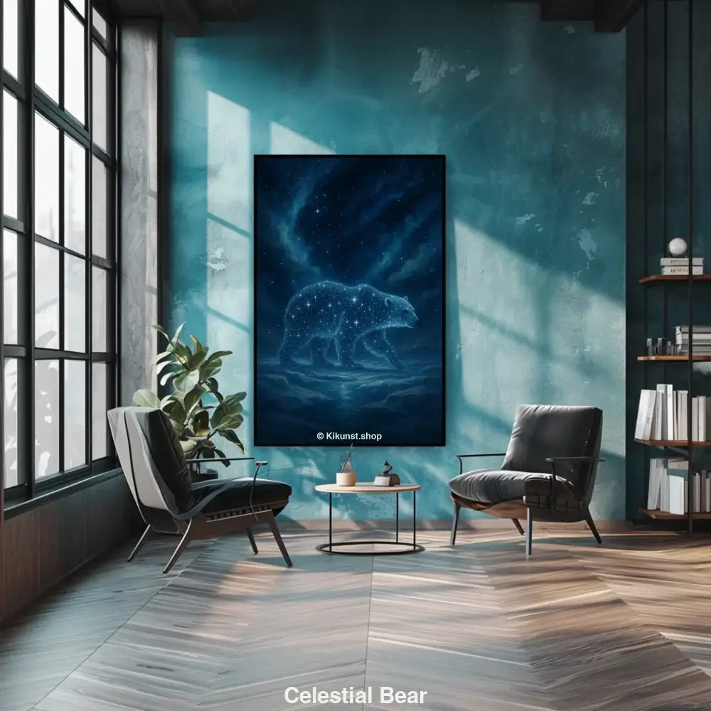 Fine Art Print mit leuchtendem Eisbär in modernem Wohnraum